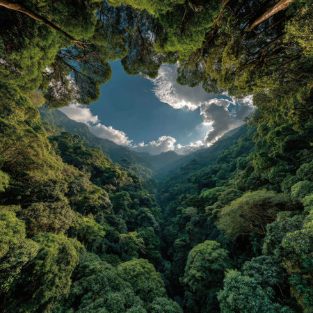 An overhead perspective captures a vibrant forest canopy framing a view of the sky. The image features dense, green foliage and a valley leading to a partly cloudy blue sky. The composition emphasizes natural elements and offers potential uses for environmental or travel content.の素材