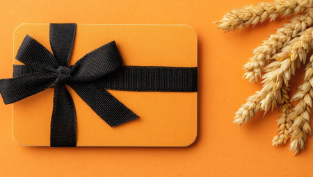 An orange gift card is presented with a tied black ribbon, accompanied by wheat stalks, all set against a vibrant orange backdrop. The composition features a close-up perspective, highlighting textures and colors. This image could be suitable for various commercial purposes, including promotional materials or design elements.の素材
