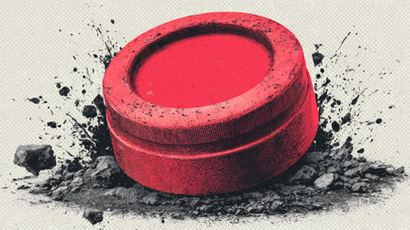 A vibrant red circular object rests amid a scattering of gray debris in this illustrative artwork. The composition highlights contrasting textures and colors, with visible splatter effects. This image is suitable for various commercial uses, illustrating themes related to concepts or designs.の素材