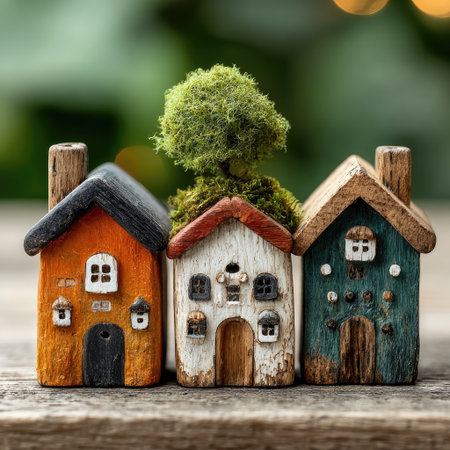 Three colorful miniature houses are presented, each crafted from wood. The houses feature different colors and textures, a central miniature tree, and a blurred green background. This composition offers a rustic aesthetic and is captured with soft focus. Suitable for diverse design, decorative, and illustrative purposes.の素材