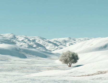A tranquil landscape depicts a solitary tree in a vast, snow-covered environment. The scene showcases soft textures and a serene composition, with a clear sky overhead. This image could serve as a visual element for various design applications or editorial content, suitable for conveying themes of nature and isolation.の素材