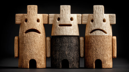 Three stylized wooden figures stand side-by-side with distinct facial expressions. The figures feature a simple, geometric design with a mix of light and dark wood tones. The composition is set against a solid dark background, emphasizing the figures' textures. This image may be suitable for creative design projects or illustrative purposes.の素材