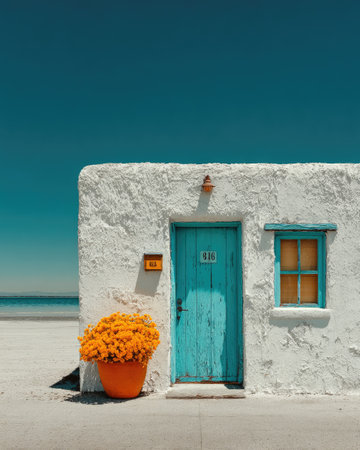 An inviting exterior presents a white textured wall with a teal door and small window. A pot of orange flowers sits at the entrance, contrasting with the wall and a bright blue sky. This composition evokes a sense of tranquility, suitable for various editorial and commercial applications. The scene suggests a sunny, outdoor environment.の素材