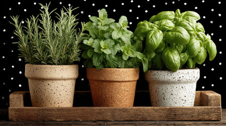 Three potted herbs, including rosemary, mint, and basil, sit in terracotta pots. The lush green foliage contrasts against the warm brown of the pots. A wooden tray holds the pots. The backdrop is black with white dots. This image can be used for culinary, health, and lifestyle purposes.の素材