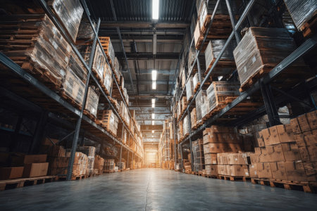 An interior view depicts a warehouse filled with numerous stacked packages stored on tall shelving units. The photograph shows a perspective with parallel rows extending to a bright illuminated area. The scene has a neutral color palette, ideal for commercial or industrial themes, and it can be used for various purposes.の素材