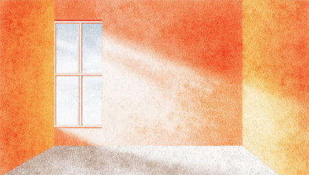 An interior space is bathed in sunlight streaming through a window. The scene is dominated by a textured orange wall, complemented by soft color gradients. This minimalist, artistic composition could be suitable for various design, advertising, or editorial uses.の素材