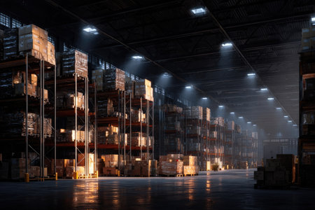 This image depicts a large warehouse interior with rows of packages stacked on shelves. The composition emphasizes depth, with focus on the organized storage and industrial architecture. Warm and cool tones interplay to create visual interest. Possible applications include illustrating storage, distribution, or supply chain concepts.の素材
