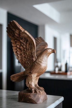A detailed wooden sculpture of an eagle is shown with its wings spread. The artwork showcases various textures and shades of brown. The setting is indoors, with a countertop in the foreground and a blurred background. Suitable for decorative art, home decor, or conceptual illustrations in commercial applications.の素材