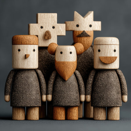 A group of stylized wooden figures stands together against a dark background. The figures, with simplified shapes and textures, are primarily neutral tones with highlights. The composition features a front-facing perspective, possibly indicating a conceptual or artistic context. This could be used for various projects.の素材