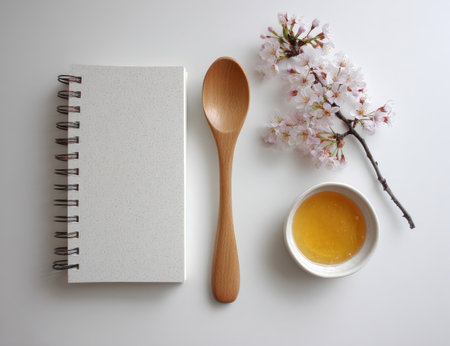 An overhead view displays a wooden spoon, a spiral notebook, a small bowl containing honey, and delicate blossoms. The composition features a clean white backdrop, highlighting the natural textures and colors. This image could be suitable for lifestyle, culinary, or educational publications, emphasizing simplicity and freshness.の素材