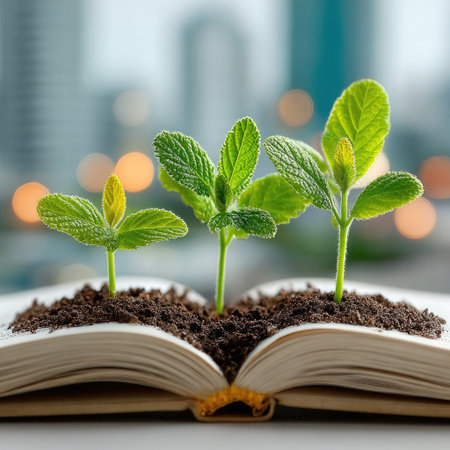 Three small green plants sprout from the pages of an open book, showcasing new life. The close-up composition highlights the detailed texture of the soil and leaves. Soft focus and shallow depth of field create a dreamy aesthetic. This image is suitable for educational materials and commercial projects.の素材