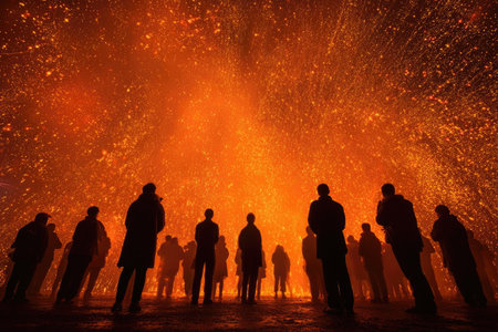 Numerous figures are silhouetted against a dramatic backdrop of bright orange hues and scattered, sparkling particles. The composition features a low-angle perspective, emphasizing the figures' forms. This striking imagery could be suitable for various uses, offering a sense of mystery or wonder. The overall effect evokes a visually appealing artistic expression.の素材