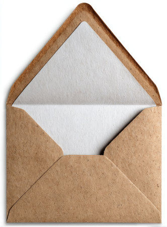 An overhead view reveals an open brown kraft paper envelope against a white background. The paper has a textured appearance with visible fibers. The lighting is bright and even, casting minimal shadows. The composition is simple and clean, suggesting potential uses in communication, design, or marketing.の素材