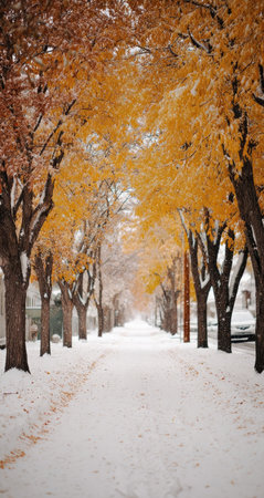 A snow-covered path leads through a row of trees displaying vibrant autumn colors. The scene presents a contrast of cold and warmth, with bright yellow and orange leaves set against white snow. The composition features a symmetrical arrangement, suggesting a natural environment. Suitable for various commercial and editorial projects.の素材
