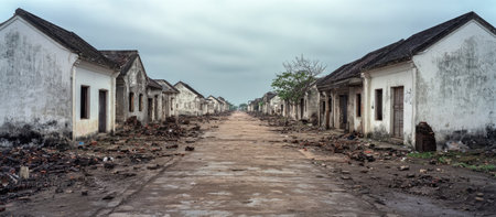 An image showcases a deserted street lined with houses, conveying a sense of abandonment. The buildings display aged textures and muted colors, contrasting with the overcast sky. The composition emphasizes a long road leading into the distance, suggesting a feeling of emptiness. Suitable for editorial and conceptual projects.の素材