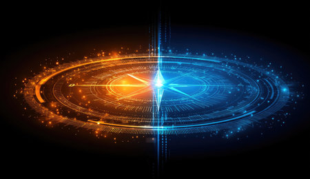 An abstract illustration showcases a compass-like design divided into orange and blue sections. The artwork features circular elements with glowing details, suggesting a digital or technological aesthetic. The composition emphasizes symmetry against a dark background, suitable for various commercial applications.の素材