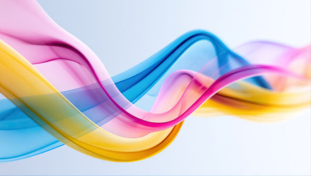 This image showcases abstract colorful ribbons gently curving against a light background. The flowing ribbons present a gradient of colors, including yellow, pink, and blue. The composition suggests a dynamic and graceful visual, suitable for use in design projects. The style can be used for commercial or editorial applications.の素材