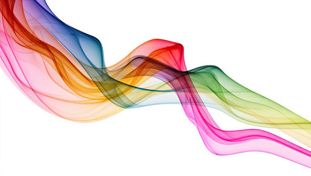 An abstract graphic features flowing ribbons of vibrant color against a white backdrop. The composition showcases dynamic curves and transitions between hues, with smooth gradients and a digitally created aesthetic. The image could be used for various projects needing a modern, clean visual element.の素材