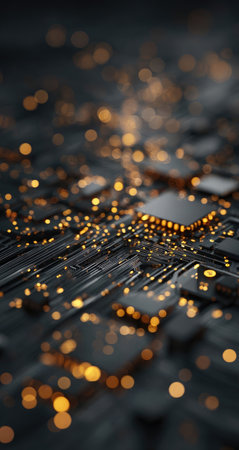 This image showcases a close-up view of a circuit board, with intricate details. Golden lights and bokeh effects illuminate the dark surface, suggesting digital processing. The composition highlights technology, possibly suitable for promotional materials or editorial content related to electronics and innovation.の素材