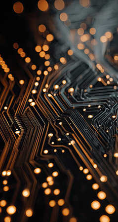 This image presents an abstract illustration of a circuit board, featuring intricate lines and glowing nodes. The composition utilizes a dark background to emphasize the illuminated elements, creating a sense of depth and complexity. Its style is modern, with potential uses in technology, design, or conceptual projects.の素材