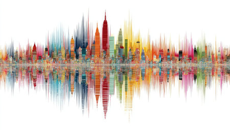 An artistic representation of a city skyline features a vibrant display of vertical lines in various colors. The image incorporates a reflection, creating a symmetrical design. The style is abstract and stylized, with a white background. Potential uses include graphic design projects, presentations, and artistic prints.の素材