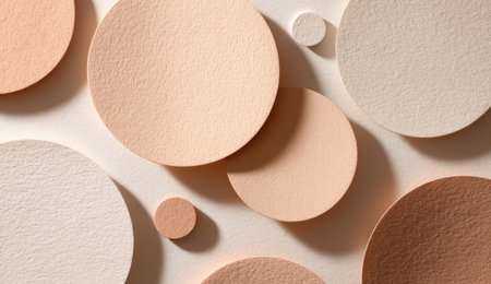 An overhead shot reveals an abstract pattern of various-sized circles arranged across a white surface. The shapes feature neutral tones from light beige to brown, with subtle textures. The simple composition and soft color palette suggests versatility for commercial and editorial uses related to design and concept visualization.の素材