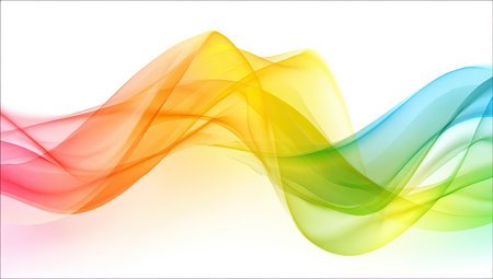 An abstract illustration presents a flowing wave in a spectrum of colors. The dynamic form appears to move across a bright white backdrop. Vibrant hues blend smoothly, creating a soft and airy texture. This visual could be useful in various design projects for digital or print purposes.の素材