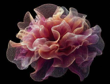 An abstract artwork showcases a floral form featuring intricate layers. The piece displays a range of colors, including pink, orange, and purple, with a translucent effect. The black background emphasizes the artwork's details. This image is suitable for use in design projects, advertisements, and editorial content.の素材