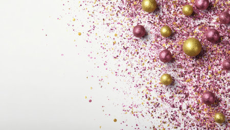 An overhead shot showcases a bright surface sprinkled with various sizes of spheres and confetti. The composition includes golden and maroon spheres, along with matching confetti. This decorative arrangement offers a festive appearance, suitable for diverse commercial applications. The contrasting colors against a white background create a visually appealing design.の素材