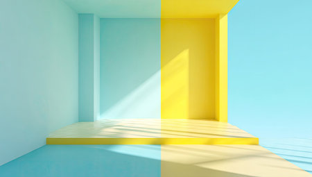 An abstract interior scene showcases a minimalist room design. The composition features a vibrant color palette, divided by a vertical line, with striking shadows across surfaces. This visual creates a clean, modern aesthetic. The imagery is suitable for digital backgrounds and commercial design projects.の素材