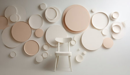 An abstract composition features a white chair positioned against a wall adorned with various-sized circular elements. The color palette consists of neutral tones, including white, cream, and peach. The lighting appears soft and even, highlighting the three-dimensional quality of the shapes. This image could be suitable for use in design projects or editorial content.の素材
