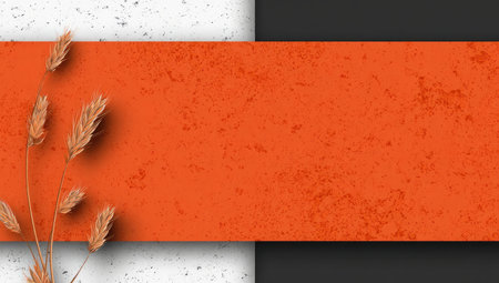 An artistic composition featuring a vibrant orange horizontal stripe, contrasting against white and black sections. Delicate dried plant elements are placed on the left side. The image showcases textures, likely suitable for backgrounds or design templates. This abstract design could be used for various commercial projects.の素材