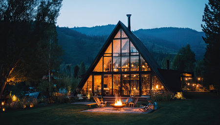 An A-frame cabin is the focal point, illuminated warmly against a twilight setting. The composition features a fire pit in the foreground, with trees and mountain silhouettes in the distance. The scene is bathed in a soft, natural light, suggesting a tranquil and inviting atmosphere ideal for various commercial and editorial uses.の素材