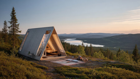 An A-frame cabin stands on a hillside, its entrance open to the serene landscape. The scene showcases natural colors with warm lighting during the sunset. The composition includes a lake and mountainous terrain under a soft sky. Ideal for editorial content or travel-related projects.の素材