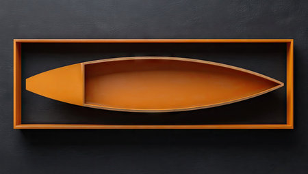 An overhead view reveals a wooden boat sculpture. The object displays orange and brown tones, set against a dark background, creating a contrasting composition. The design incorporates clean lines, geometric shapes, and a minimalist style. Suitable for decorative purposes and commercial design projects.の素材