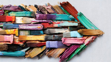An arrow composed of paintbrushes indicates direction against a plain backdrop. The arrangement displays diverse brushstrokes in an array of colors like green, red, and blue. This image may be suitable for advertisements, presentations, and design projects where direction and creativity are highlighted.の素材