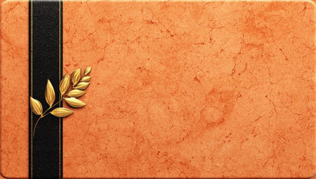 This image presents an abstract background with a textured, orange surface and a vertical black stripe. A golden leaf element adorns the left side. The composition likely aims for visual interest, suitable for design projects or marketing materials. It could be useful for both commercial and editorial purposes.の素材