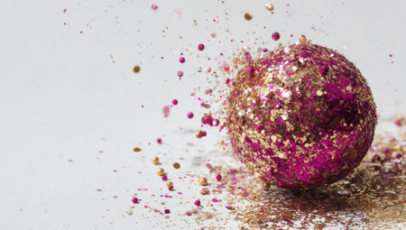 An artistic composition displays a vibrant sphere of pink glitter exploding on a white surface. The image showcases sparkling textures and dynamic motion through scattered particles. This shot is lit with a soft quality, suggesting a studio setting, suitable for various promotional or design-related applications.の素材