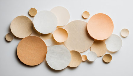 An overhead shot showcases an arrangement of layered paper circles. The varying sizes and colors, ranging from white to peach, create visual depth. The composition evokes a sense of balance against the neutral background. Suitable for design, advertising, and conceptual purposes.の素材