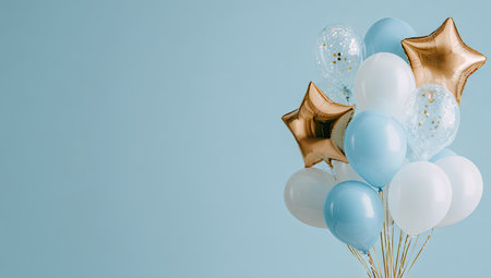 A collection of balloons, including star-shaped and round ones, are grouped together. The balloons display a combination of gold, white, and light blue colors. The composition is set against a simple light blue backdrop, suitable for commercial projects or advertising. The lighting appears soft and even throughout the image.の素材