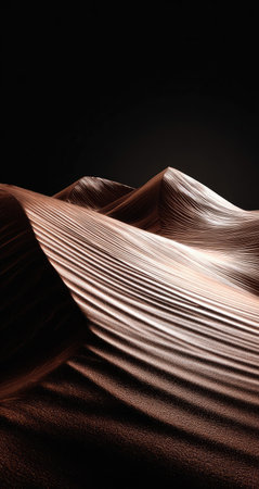 This image depicts stylized desert dunes featuring a detailed texture illuminated with soft lighting. The dunes are rendered in warm brown tones, creating a sense of depth against a dark backdrop. The composition suggests a studio setting with the potential for use in various visual projects, including graphic design and advertising.の素材