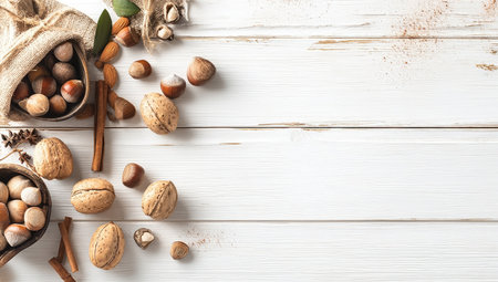 An overhead view reveals an arrangement of various nuts and spices scattered across a white wooden surface. The composition features a variety of brown and tan colored nuts, alongside cinnamon sticks. This image evokes a sense of naturalness, and could be utilized for culinary and wellness-related commercial purposes.の素材