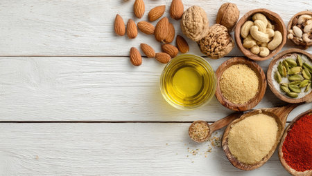 An overhead view displays a collection of nuts, seeds, spices, and oil in small wooden bowls and spoons. The scene incorporates a variety of colors, textures, and natural lighting, set against a white wooden background. Suitable for culinary, healthy eating, or ingredient-focused visual applications.の素材
