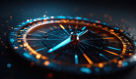 This image presents a close-up of a compass with striking visual effects. The composition features a vibrant interplay of orange and blue hues with a soft glow. The object is illuminated, suggesting a digital or conceptual environment. Suitable for a wide variety of commercial and editorial uses.の素材