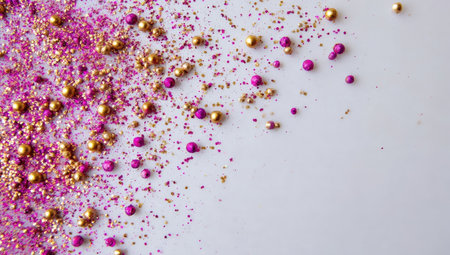 An overhead view displays gold and purple sprinkles scattered across a white surface. The composition features a mix of textures and sizes. The lighting creates subtle highlights. This image can be used for various projects, including advertising or design.の素材