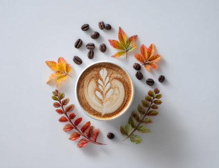 A coffee cup with latte art is surrounded by colorful autumn leaves and scattered coffee beans. The image showcases a top-down view with a bright, clean aesthetic. The composition uses a circular arrangement with warm colors on a neutral background, suitable for diverse commercial applications.の素材