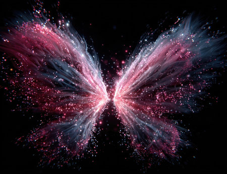 An abstract illustration depicts a butterfly composed of shimmering particles and light against a dark backdrop. The composition features a symmetrical arrangement, with gradients of pink and blue hues. The image suggests concepts such as transformation and beauty and is suitable for various design projects and editorial uses.の素材