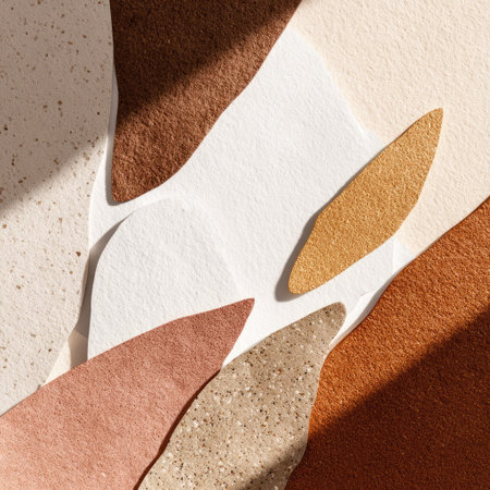 An overhead composition presents overlapping paper shapes in various earth-tone colors. The design utilizes shadows, creating depth and a textured appearance. The arrangement suggests an artistic process or design layout. This imagery is suitable for editorial or commercial applications, including print and digital media.の素材