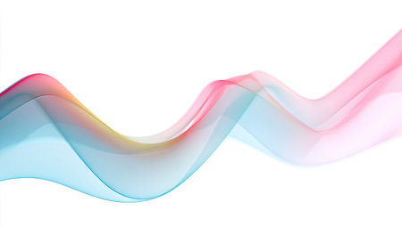 This image features abstract flowing lines in shades of blue pink and yellow. The composition showcases a dynamic wave-like design against a clean white background. It displays a visual interplay of color and movement. Suitable for various design projects and could be used for both commercial and editorial purposes.の素材