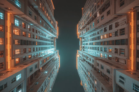 An upward perspective captures the symmetrical facades of high-rise structures, their windows softly illuminated. Predominantly white exteriors contrast with the dark night sky. The image evokes a sense of urban density and height, suitable for various editorial and commercial projects.の素材